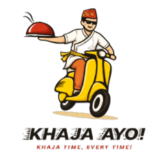 Khaja Ayo food delivery logo featuring a Nepali delivery rider on a yellow scooter carrying fresh food